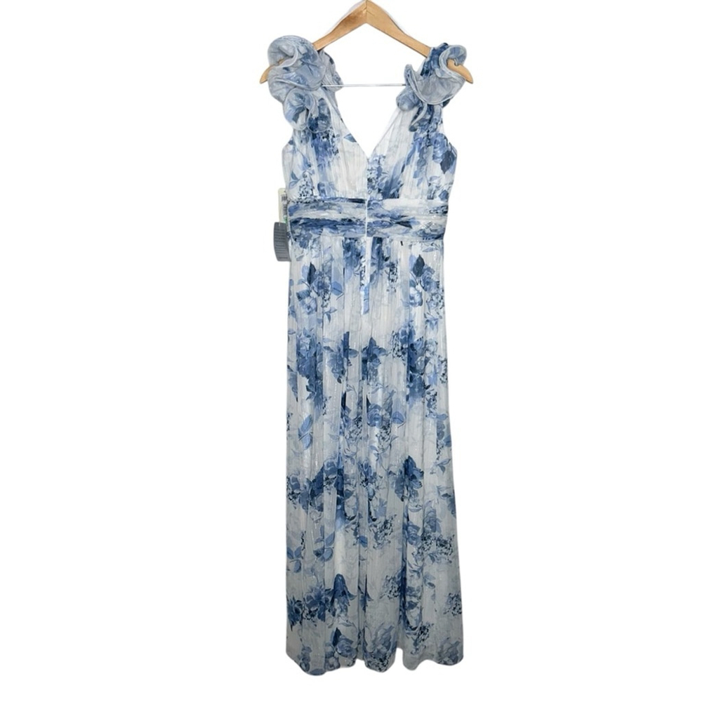 Eliza J Blue White Floral Ruffle Strap Maxi Flowy Spring Gown Prom Size 8 - Picture 13 of 15